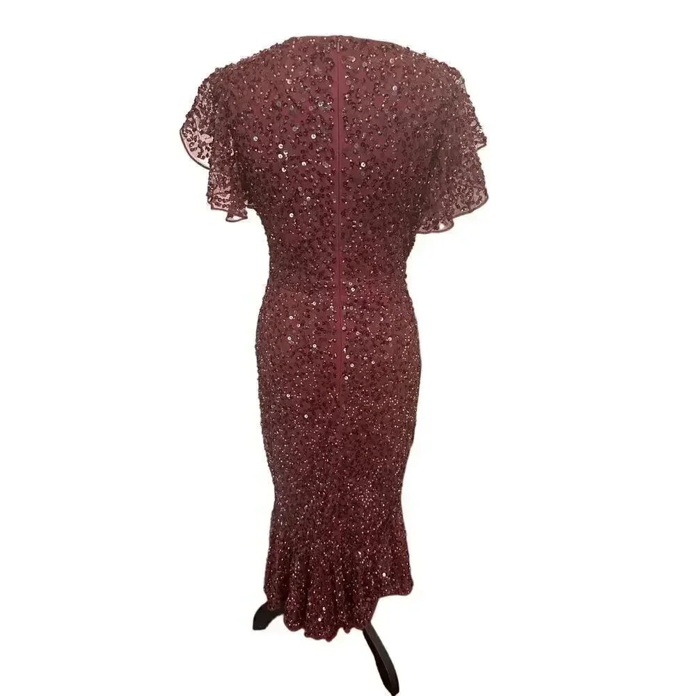 NEW- NWT Mac Duggal SEQUINED V NECK FLUTTER CAP SLEEVE TRUMPET DRESS SZ 0 - Picture 5 of 8